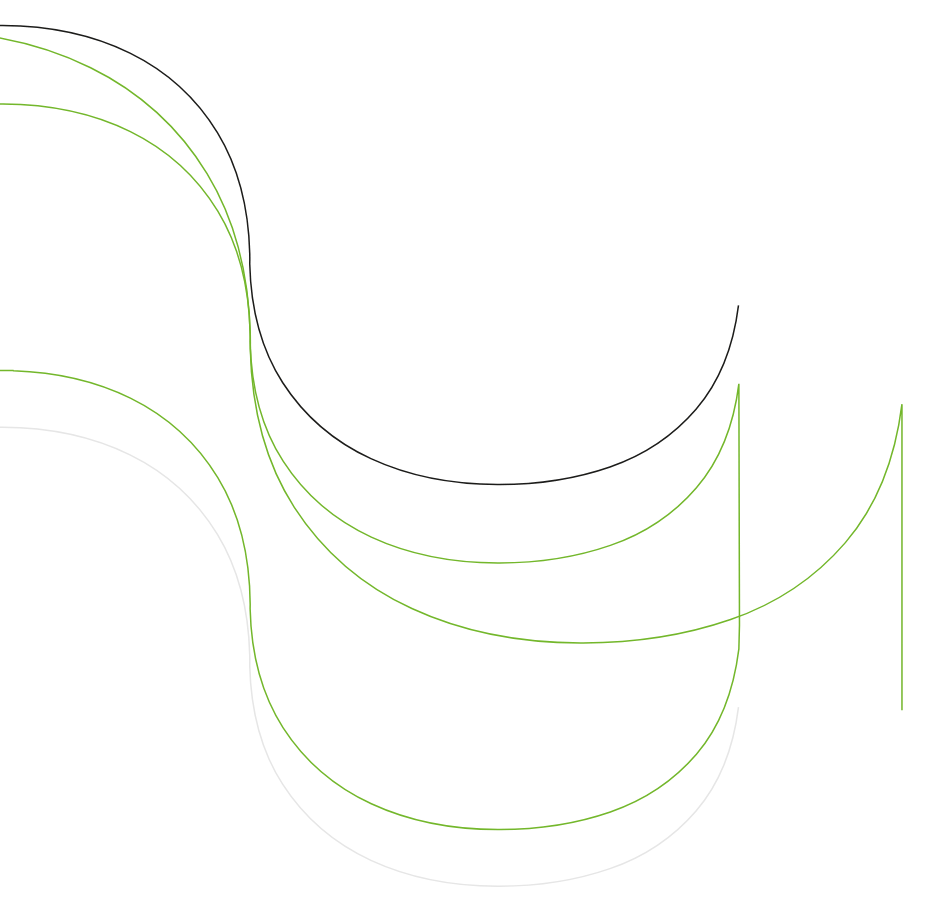 Motivo grafico astratto con linee curve verdi, bianche e nere su sfondo nero